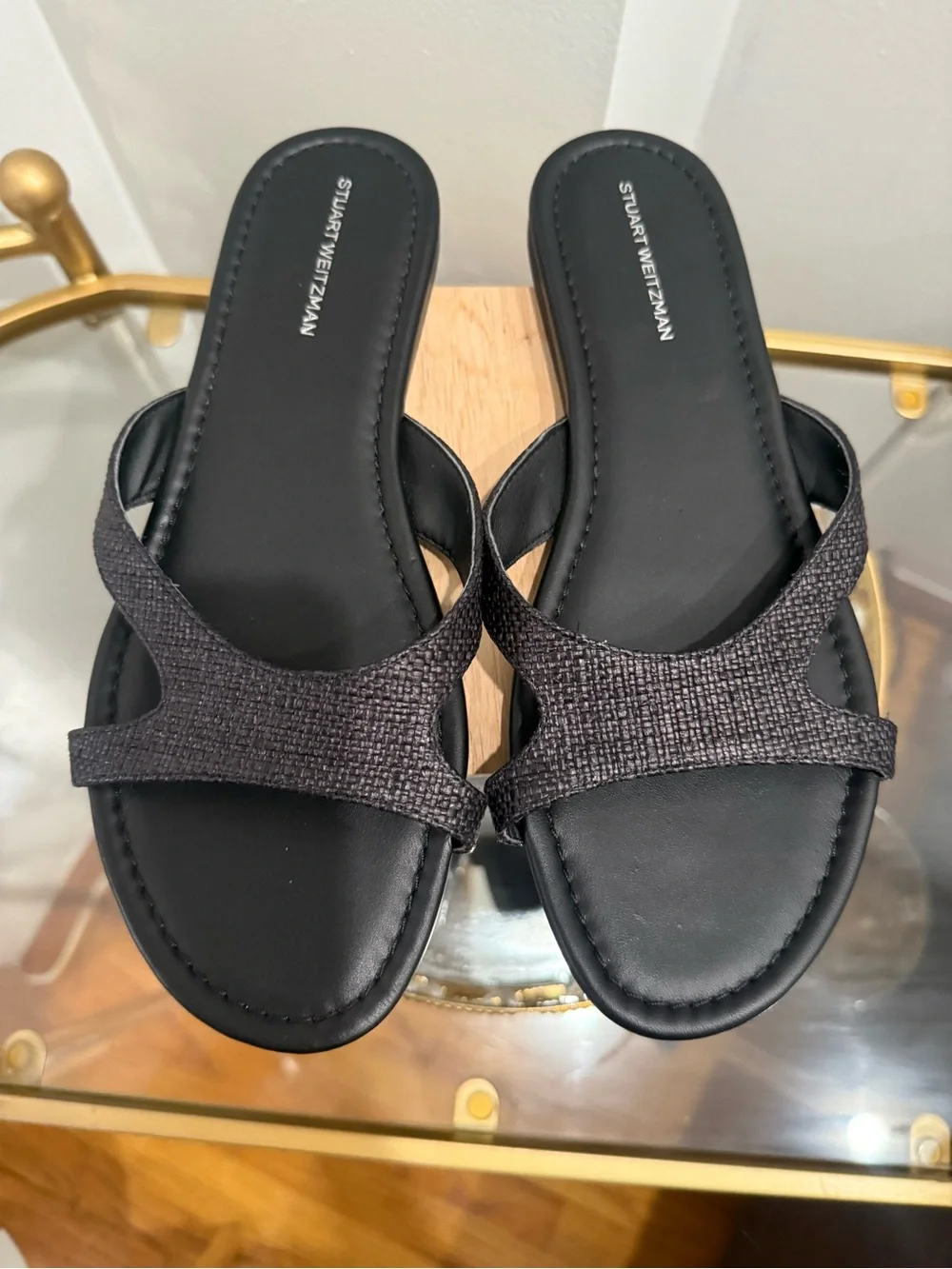 Stuart Weitzman Black Textured Cross-Strap Slide Sandals